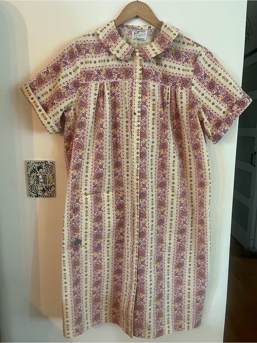 1960s Vintage Sears Cream House Dress with Lavender and Olive Floral Accents - Picture 1 of 10